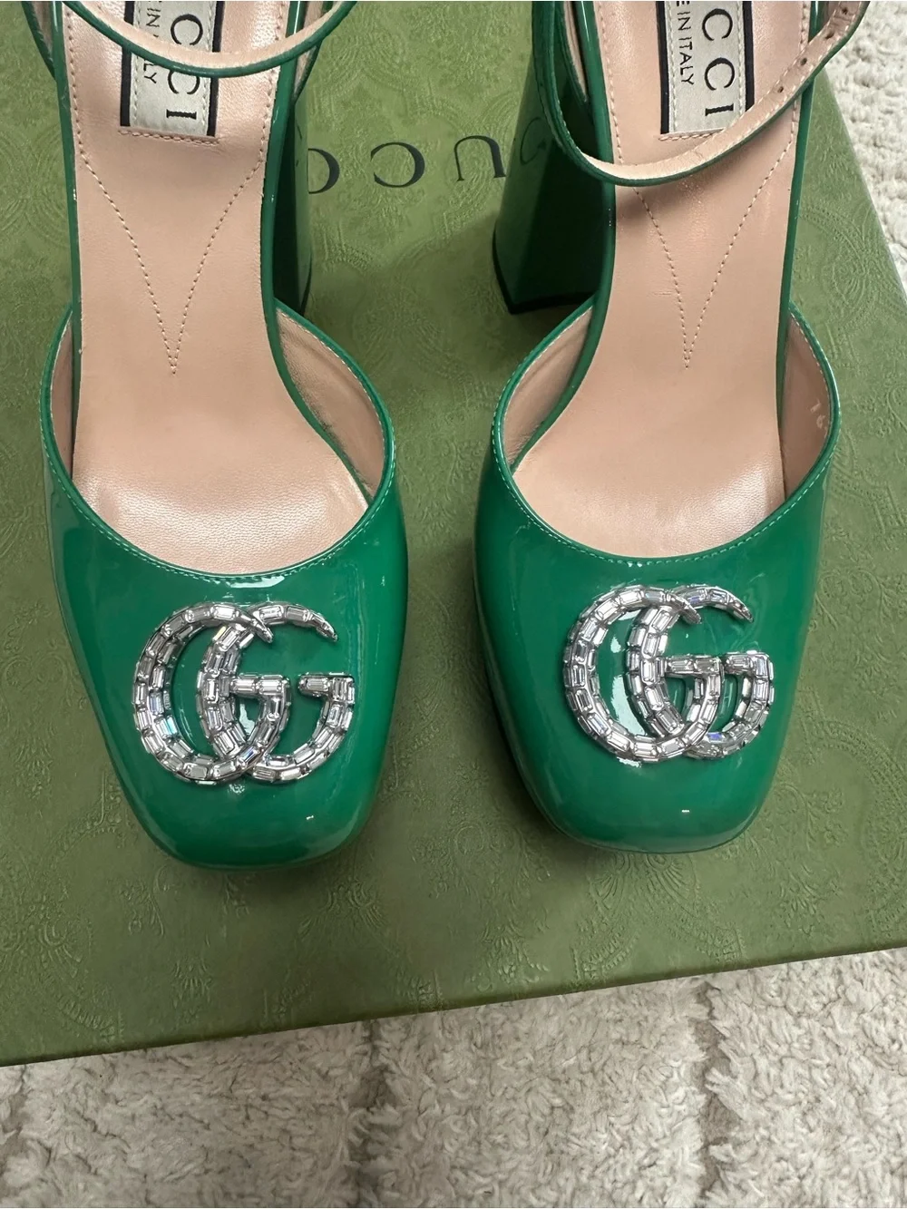 Gucci Glossy Emerald Green Patent Platform Pumps with Crystal GG Buckle